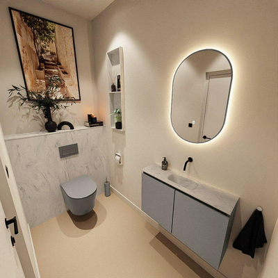 MONDIAZ TURE-DLUX Meuble toilette - 80cm - Smoke - EDEN - vasque Opalo - position centrale - sans trou de robinet
