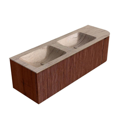 MONDIAZ KURVE-DLUX Meuble de salle de bains 145cm arrondi à droite couleur Ruby avec 1 tiroir et 1 porte. Lavabo LEAF Double / Gauche sans trou de robinet Saba.