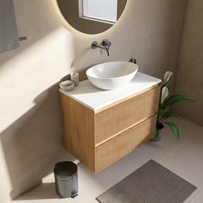 Saniclass Holz Atelier Ensemble meuble de salle de bains - 80x45x62.5cm - Plan supérieur Torino en solid surface blanc - sans trou de robinet - 2 tiroirs - chêne naturel mat (bois)