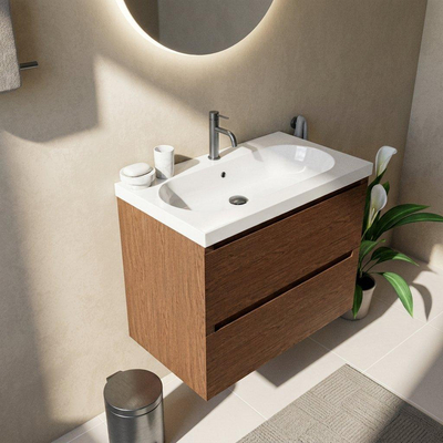 Saniclass Holz Pure Ensemble meuble de salle de bains - 80x45x63.5cm - lavabo Palermo en céramique blanc - 1 vasque - 1 trou de robinetterie - 2 tiroirs - mat walnut pure (bois)