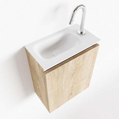 MONDIAZ TURE Kit lave-mains - 40x23x50cm - 1 trou de robinet - 1 porte - chêne blanchi mat - Lavabo à gauche - Solid Surface Blanc
