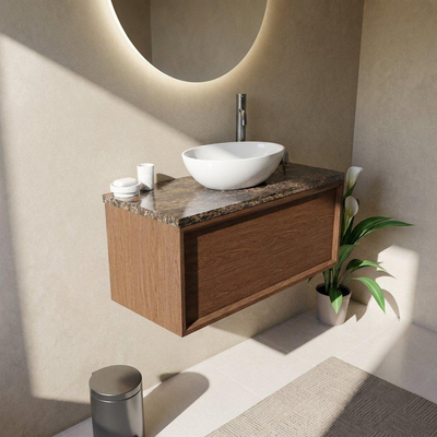 Saniclass Holz Frame Ensemble meuble de salle de bains - 100x45x43cm - Noche plan en pierre naturelle dark emperador - 1 trou de robinetterie - 1 tiroir - mat walnut pure (bois)
