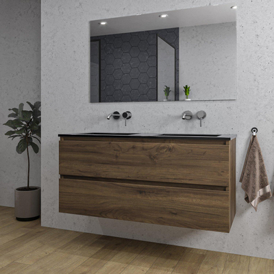 Saniclass Chaci Ensemble meuble de salle de bains - 120x46x55cm - lavabo céramique noir - 2 vasques - sans trous de robinetterie - 2 tiroirs - miroir rectangulaire - noyer (bois)