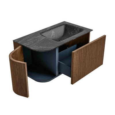 MONDIAZ KURVE-DLUX 85cm Meuble salle de bain avec module 25 G - couleur Walnut - 1 tiroir - 1 porte - vasque CLOUD droite - sans trou de robinet - couleur Lava