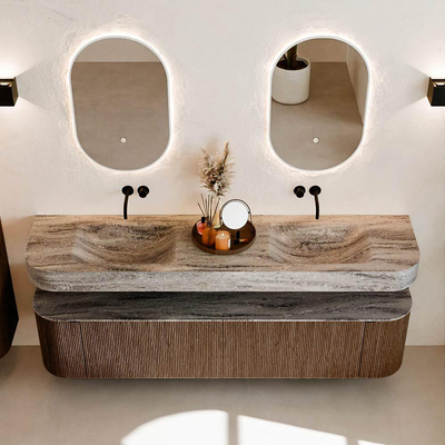 MONDIAZ THOR-DLUX Meuble de salle de bains - 190cm - arrondi gauche + droite - couleur Walnut - 2 tiroirs et 2 portes - Vasque suspendue CLOUD Double sans trou de robinet - couleur Oza