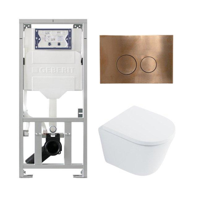 QeramiQ Dely Toiletset - 36.3x51.7cm - diepspoel - rimless - Geberit UP320 inbouwreservoir - met Burda frame - softclose toilet zitting 35 mm - koperen bedieningsplaat - ronde knoppen - wit glans
