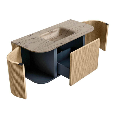 MONDIAZ KURVE-DLUX Meuble de salle de bains 100cm arrondi Gauche + Droite couleur Chêne avec 1 tiroir et 2 portes. Lavabo GRUNNE Central 1 trou de robinet Arena.