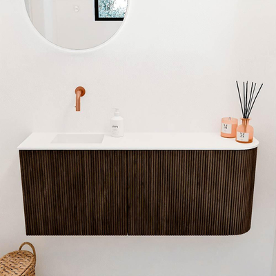 Mondiaz JOYA 101.6cm toiletmeubel - ronding rechts kleur Walnut - Wastafel FAYE positie Links Zonder kraangat kleur Talc.