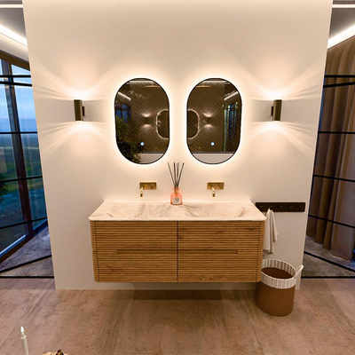 Mondiaz CIRO-DLUX Ensemble de meubles de salle de bains - 130x45x50cm - Vasque solid surface Frappe - 2 vasques Double - sans trous de robinet - 4 tiroirs - Chêne