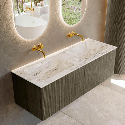 Mondiaz KURVE-DLUX Badkamermeubelset - 130x46x40cm - 2 lade - wastafel solid surface - dubbel - zonder kraangat - Shadow