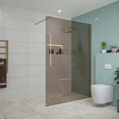 FugaFlow Eccelente Vetro inloopdouche badkamer - 140x200cm - rookglas - wandarm - geborsteld messing