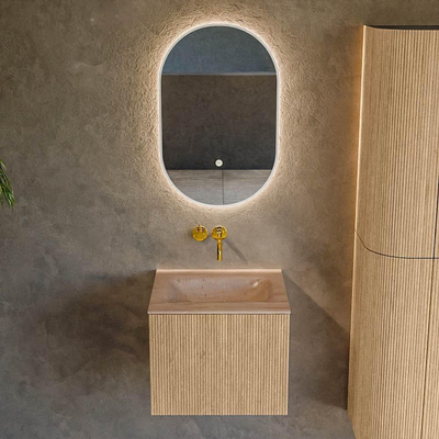 MONDIAZ KURVE-DLUX 50cm badmeubel kleur Oak met 1 lade en 0 deuren. Wastafel GRUNNE Midden zonder kraangat Saba.