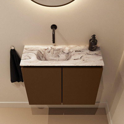 MONDIAZ TURE-DLUX Meuble toilette - 60cm - Rust - EDEN - vasque Glace - position gauche - sans trou de robinet