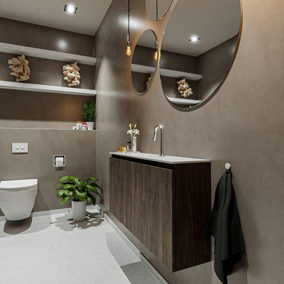 MONDIAZ TURE Fonteinset - 100x23x50cm - 1 kraangat - 2 deuren - dark brown mat - Wasbak midden - Solid Surface Wit