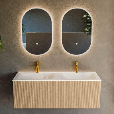 MONDIAZ KURVE Meuble de salle de bains 120 cm couleur Oak avec 1 tiroir. Lavabo CLOUD double 2 trous de robinet Talc.