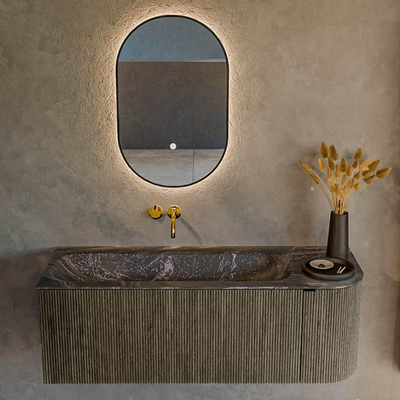 Ensemble de meuble de salle de bain Mondiaz KURVE-DLUX - 125x46x40cm - 1 tiroir - 1 porte - lavabo en solid surface - gauche - sans trou de robinet - Shadow