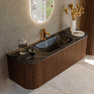 MONDIAZ KURVE-DLUX 140cm badmeubel met module 25 Len R kleur Walnut met 1 lade en 2 deuren. Wastafel BIG SMALL midden 1 kraangat kleur Lava.