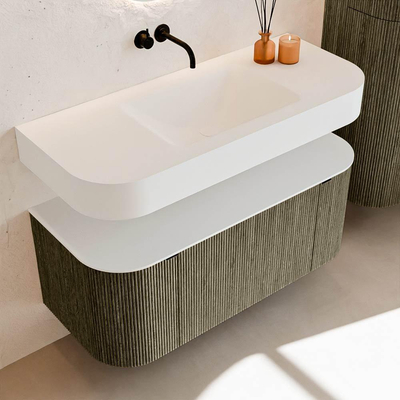 MONDIAZ THOR Meuble de salle de bains 110cm arrondi gauche + droite couleur Shadow avec 1 tiroir et 2 portes. Vasque suspendue CLOUD Milieu sans trou de robinet couleur Talc.