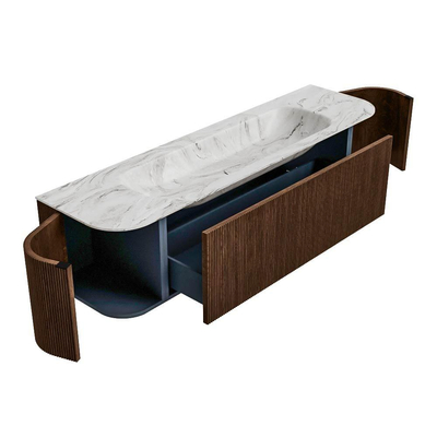 MONDIAZ KURVE-DLUX Meuble de salle de bains 170cm avec module 25 Len R couleur Walnut avec 1 tiroir et 2 portes. Lavabo BIG LARGE central sans trou de robinet couleur Glace.