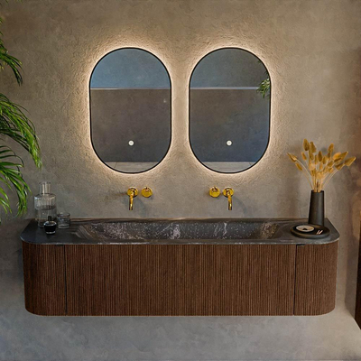 MONDIAZ KURVE-DLUX 170cm badmeubel met module 25 Len R kleur Walnut met 1 lade en 2 deuren. Wastafel BIG LARGE midden zonder kraangat kleur Lava.