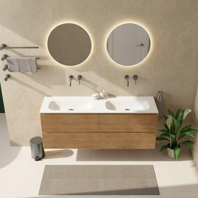 Saniclass Holz Atelier Ensemble meuble de salle de bains - 160x45x61.5cm - lavabo Flow en Solid Surface blanc - 2 vasques - sans trous de robinetterie - 4 tiroirs - chêne natural mat (bois)