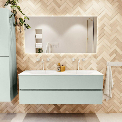 Mondiaz VICA ensemble de meuble de salle de bain - 140cm - meuble sous-vasque greey - 2 tiroirs - lavabo moon double - 2 trous de robinet - couleur talc - miroir LED - version XL 60cm de haut