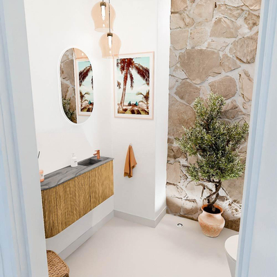 Mondiaz JOYA-DLUX 91.6cm toiletmeubel - ronding links kleur Oak - Wastafel FAYE positie Rechts 1 kraangat kleur Sombra.