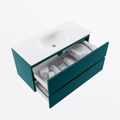 Mondiaz VICA Ensemble de meuble de salle de bain - 100cm - meuble sous-vasque smag - 2 tiroirs - lavabo moon milieu - sans trous de robinet - version haute de 60cm - talc