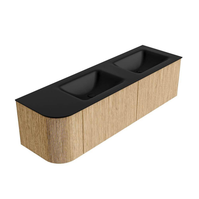 MONDIAZ KURVE 155cm Meuble salle de bain avec module 25 G - couleur Oak - 2 tiroirs - 1 porte - vasque CLOUD double / droite - sans trous de robinet - Urban