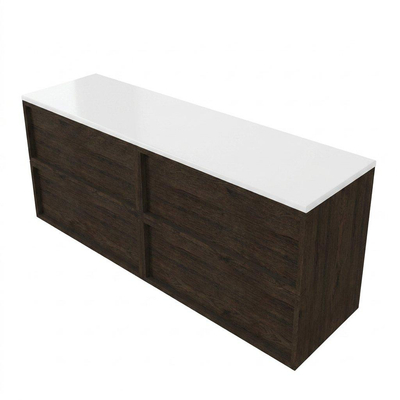 Saniclass Holz Frame Ensemble meuble de salle de bains - 160x45x62.5cm - Plan de toilette Torino en solid surface blanc - sans trou de robinetterie - 4 tiroirs - chêne charcoal mat (bois)