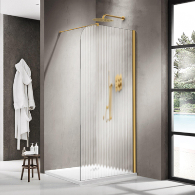 Fortifura Galeria Inloopdouche - 90x200cm - afgeronde glaswand - rechts - ribbel glas - wandarm - geborsteld messing PVD (Goud)