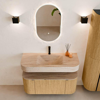 MONDIAZ THOR-DLUX Meuble de salle de bains 110cm arrondi gauche + droite couleur Oak avec 1 tiroir et 2 portes. Vasque suspendue CLOUD Milieu 1 trou de robinet couleur Saba.