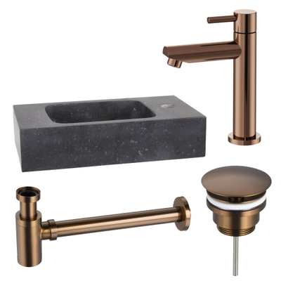 Fortifura Fuente pack lave-mains – rectangulaire – 40 x 22 x 9 cm – pierre naturelle noire – robinet cuivre