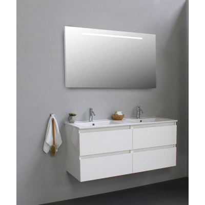 Basic Bella Badkamermeubelset - 120x55x46cm - 2 wasbakken - Keramiek - Wit - 2 kraangaten - Wandspiegel met verlichting - Spaanplaat Wit hoogglans