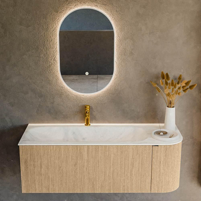 MONDIAZ KURVE-DLUX meuble de salle de bains 125cm avec module 25 R couleur chêne avec 1 tiroir et 1 porte. Lavabo BIG MEDIUM gauche 1 trou de robinet couleur Opalo.
