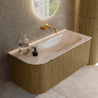 MONDIAZ KURVE-DLUX Meuble de salle de bains 105cm arrondi à gauche couleur Dusk avec 1 tiroir et 1 porte. Lavabo BIG SMALL à droite sans trou de robinet Meli.