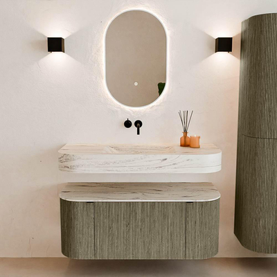 MONDIAZ THOR-DLUX Meuble de salle de bains 110cm arrondi gauche + droite couleur Shadow avec 1 tiroir et 2 portes. Vasque suspendue CLOUD Milieu sans trou de robinet couleur Nata.