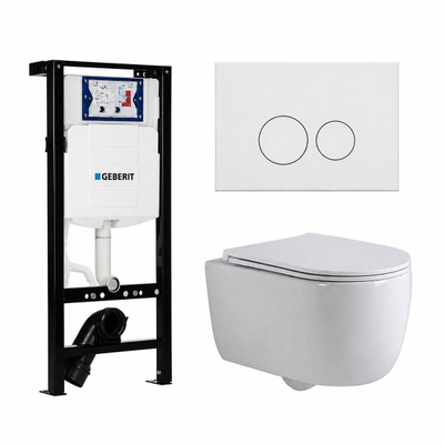 QeramiQ Dely Swirl Toiletset - 36.3x51.7cm - diepspoel - rimless - Geberit UP320 plieger inbouwreservoir - slim zitting - mat witte metalen bedieningsplaat - ronde knoppen - mat wit