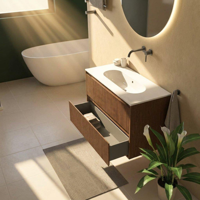 Saniclass Holz Atelier Ensemble de meubles de salle de bains - 100x45x73.9cm - lavabo en céramique Chaci blanc - 1 vasque - sans trou de robinet - 2 tiroirs - noyer pure mat (bois)