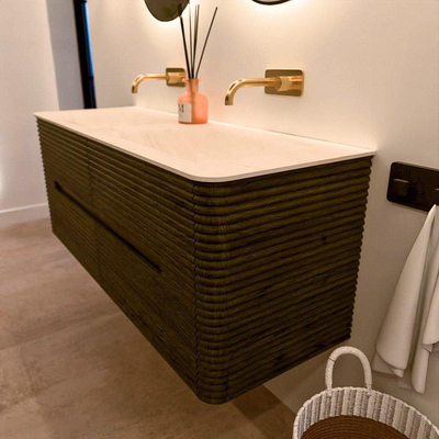 Mondiaz CIRO-DLUX Ensemble de meubles de salle de bains - 130x45x50cm - Plan vasque Solid surface Meli - 2 vasques Double - sans trous de robinet - 4 tiroirs - Shadow