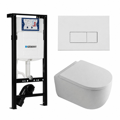 QeramiQ Dely Swirl Toiletset - 36.3x51.7cm - diepspoel - rimless - Geberit UP320 plieger inbouwreservoir - 35mm zitting - mat witte metalen bedieningsplaat - rechtehoekige knoppen - mat wit