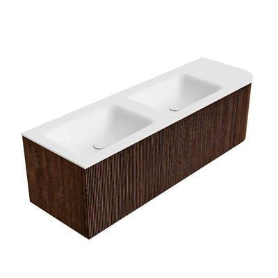 MONDIAZ KURVE Meuble de salle de bains 145 cm avec module 25 R couleur Walnut avec 1 tiroir et 1 porte. Lavabo CLOUD double / à gauche sans trou de robinet Talc.