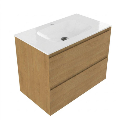 Saniclass Holz Pure Ensemble de meubles de salle de bains - 80x45x61.5cm - Flow lavabo en solid surface blanc - 1 vasque - 1 trou de robinet - 2 tiroirs - chêne natural mat (bois)