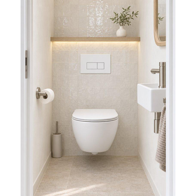 QeramiQ Dely Swirl Compact Toiletset - inbouwreservoir Geberit UP320 - met Burda frame - slim zitting - metalen bedieningsplaat mat wit - rechthoekigeknoppen - mat wit