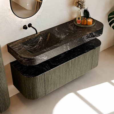 MONDIAZ THOR-DLUX 140cm meuble de salle de bains arrondi gauche + droite couleur Shadow avec 1 tiroir et 2 portes. Vasque suspendue CLOUD Gauche sans trou de robinet couleur Lava.