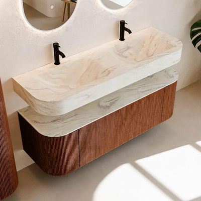 MONDIAZ THOR-DLUX Meuble de salle de bains 140cm arrondi gauche + droite couleur Ruby avec 1 tiroir et 2 portes. Vasque suspendue CLOUD Double 2 trous de robinet couleur Ostra.