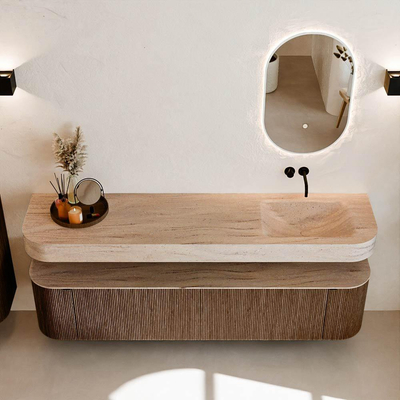 MONDIAZ THOR-DLUX 190cm badmeubel ronding links + rechts kleur Walnut met 2 lades en 2 deuren. Vrijhangende wastafel CLOUD Rechts zonder kraangat kleur Saba.