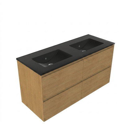 Saniclass Holz Pure Ensemble de meubles de salle de bains - 120x45x62cm - Vasque Vygo en céramique noire - 2 vasques - sans trous de robinetterie - 4 tiroirs - chêne natural mat (bois)