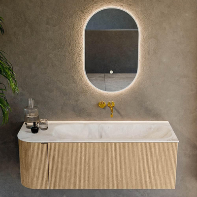MONDIAZ KURVE-DLUX Meuble de salle de bains 125 cm avec module 25 L couleur Chêne avec 1 tiroir et 1 porte. Lavabo BIG MEDIUM à droite sans trou de robinet couleur Frappe.