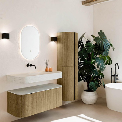 MONDIAZ THOR-DLUX Meuble de salle de bains 110cm arrondi gauche + droite couleur Dusk avec 1 tiroir et 2 portes. Vasque suspendue CLOUD Milieu sans trou de robinet couleur Opalo.